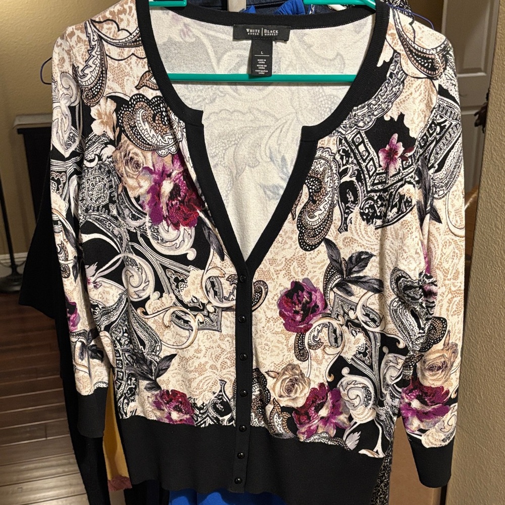 White House Black Market Black and Purple Floral Cardigan